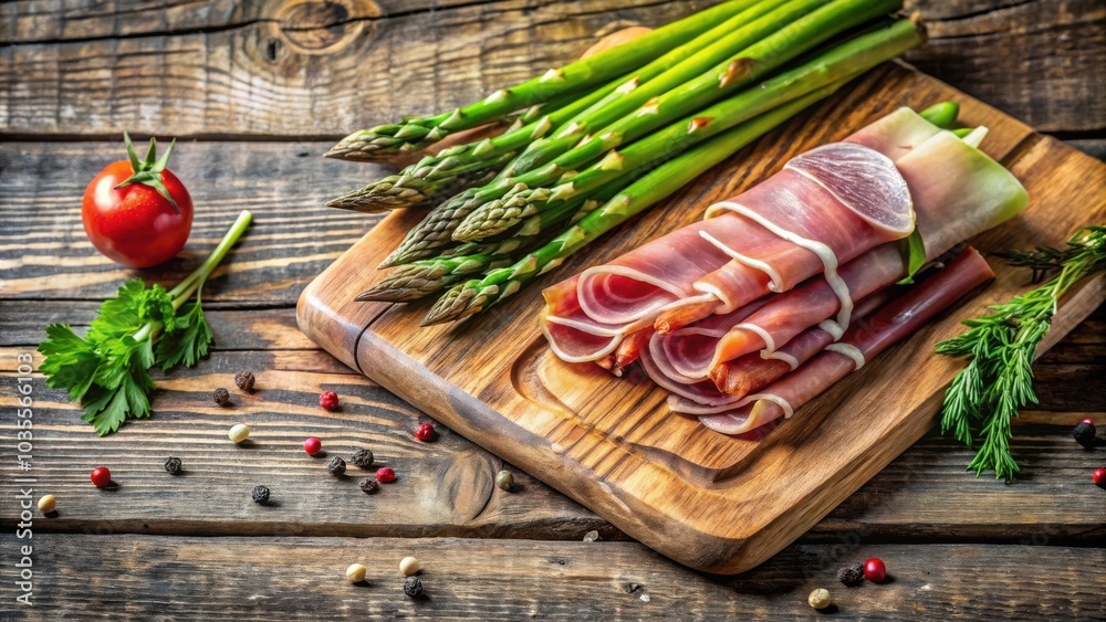 Gourmet Appetizer with Asparagus, Prosciutto, and Fresh Herbs on a Rustic Wooden Board Gourmet Appetizer with Asparagus, Prosciutto, and Fresh Herbs on a Rustic Wooden Board