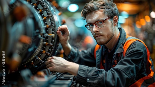 An aircraft mechanic is checking the engine of a jet plane.