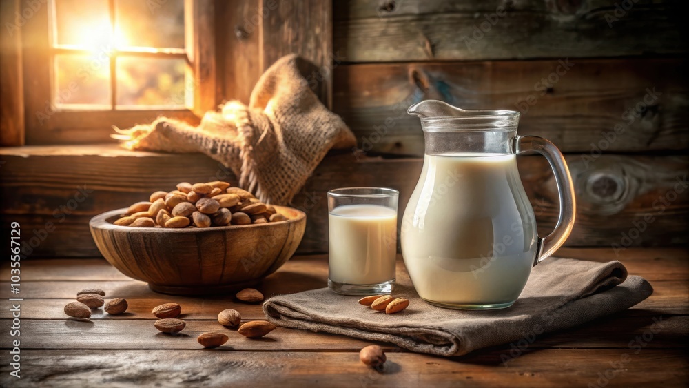 A rustic still life featuring a glass of almond milk, a pitcher filled with almond milk, and a bowl of almonds, all set on a wooden table with a burlap napkin. A rustic still life featuring a glass of almond milk, a pitcher filled with almond milk, and a bowl of almonds, all set on a wooden table with a burlap napkin.