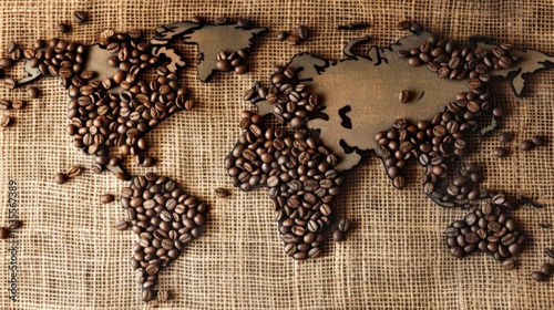 World map with coffee beans placed on countries famous for their coffee production photo