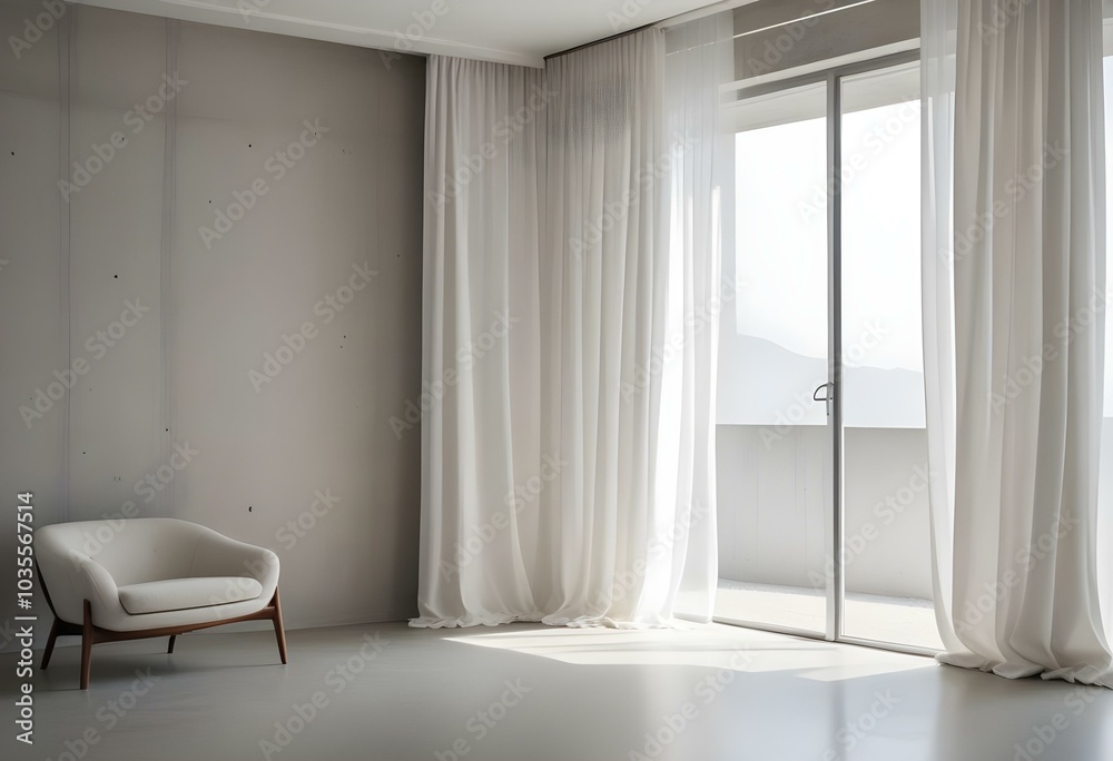 Fototapeta premium A minimalist interior with white curtains and a concrete wall, creates a serene and calming atmosphere
