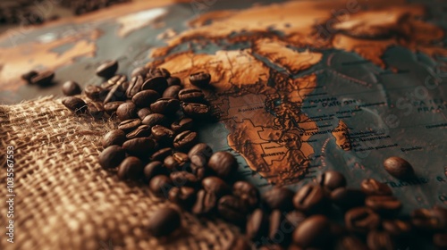 World map with coffee beans placed on countries famous for their coffee production