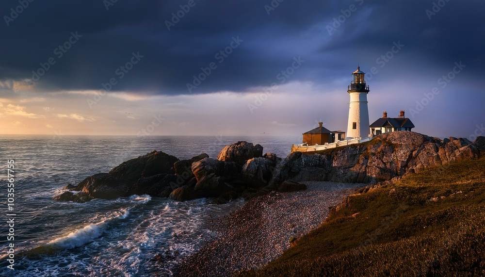 The lighthouse's light cuts through the fog. The lighthouse's light cuts through the fog.