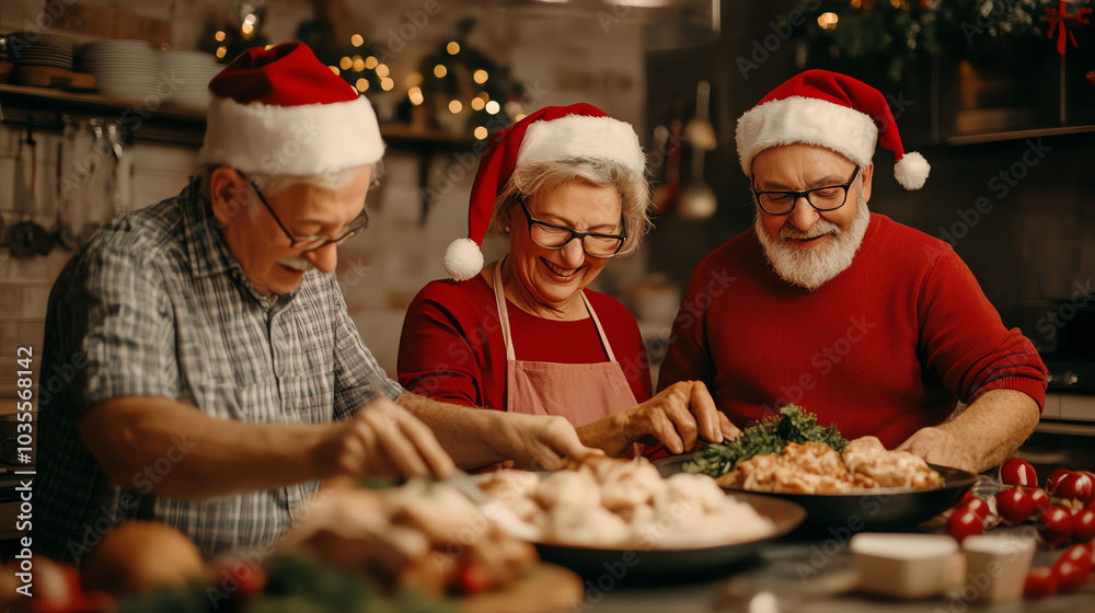 Three joyful seniors wearing Santa hats happily preparing a festive meal together in a cozy kitchen setting, surrounded by holiday decorations. Three joyful seniors wearing Santa hats happily preparing a festive meal together in a cozy kitchen setting, surrounded by holiday decorations.