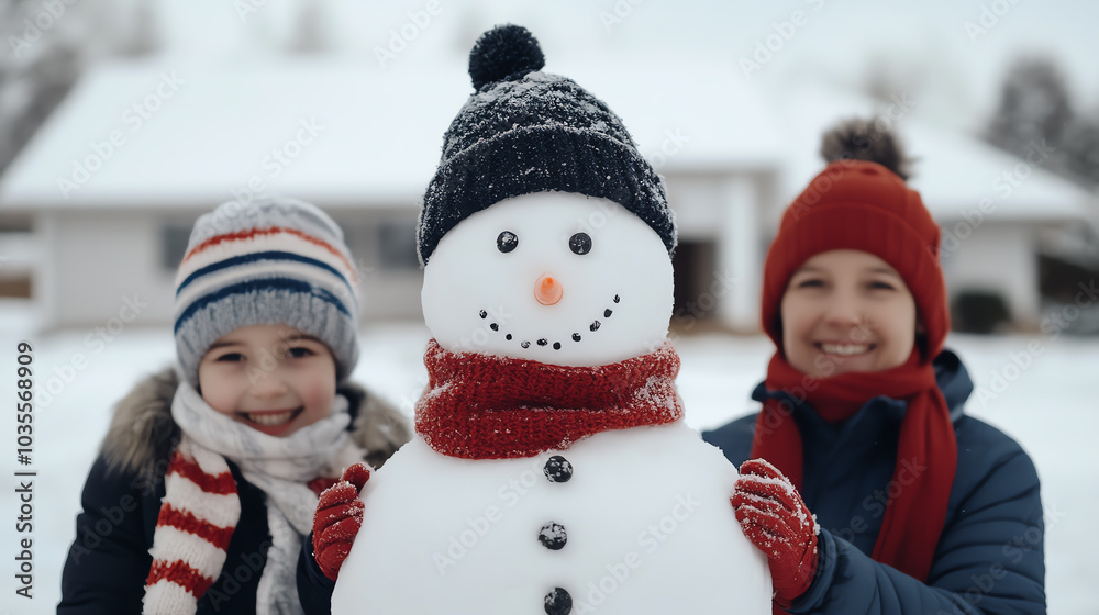 Two cheerful children smiling next to their snowman on a snowy day, wearing colorful winter hats and scarves, against a snowy backdrop. Two cheerful children smiling next to their snowman on a snowy day, wearing colorful winter hats and scarves, against a snowy backdrop.
