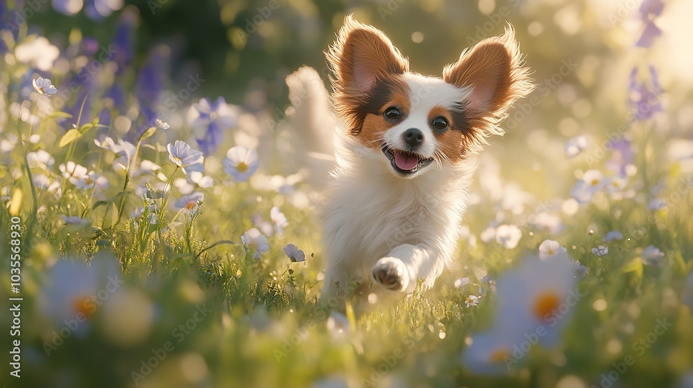 Papillon Puppy Running Through a Meadow of Wildflowers Papillon Puppy Running Through a Meadow of Wildflowers