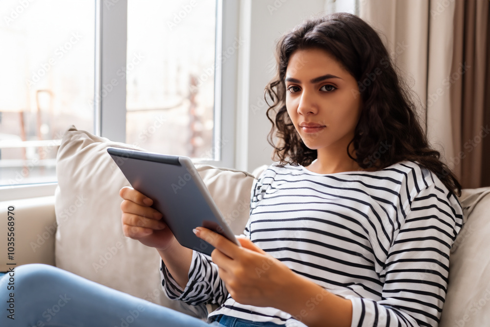 Girl rests on sofa next to tablet. home w technology concept. girl is sitting on couch with a tablet in her hands. a girl is sitting on a couch with a tablet in her lifestyle hands. Girl rests on sofa next to tablet. home w technology concept. girl is sitting on couch with a tablet in her hands. a girl is sitting on a couch with a tablet in her lifestyle hands.
