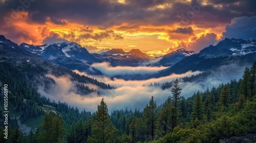 A breathtaking mountain landscape  majestic peaks piercing through dramatic cloud formations. 