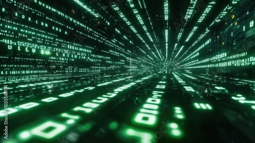 Futuristic green background featuring a binary code matrix, viewed in perspective with illuminated numbers. The depth of field effect enhances the technological ambiance.