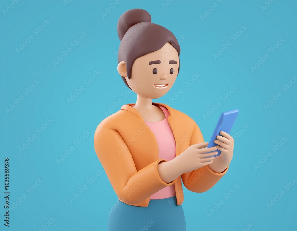 A 3D cartoon woman smiles while holding a smartphone, 3D illustration A 3D cartoon woman smiles while holding a smartphone, 3D illustration