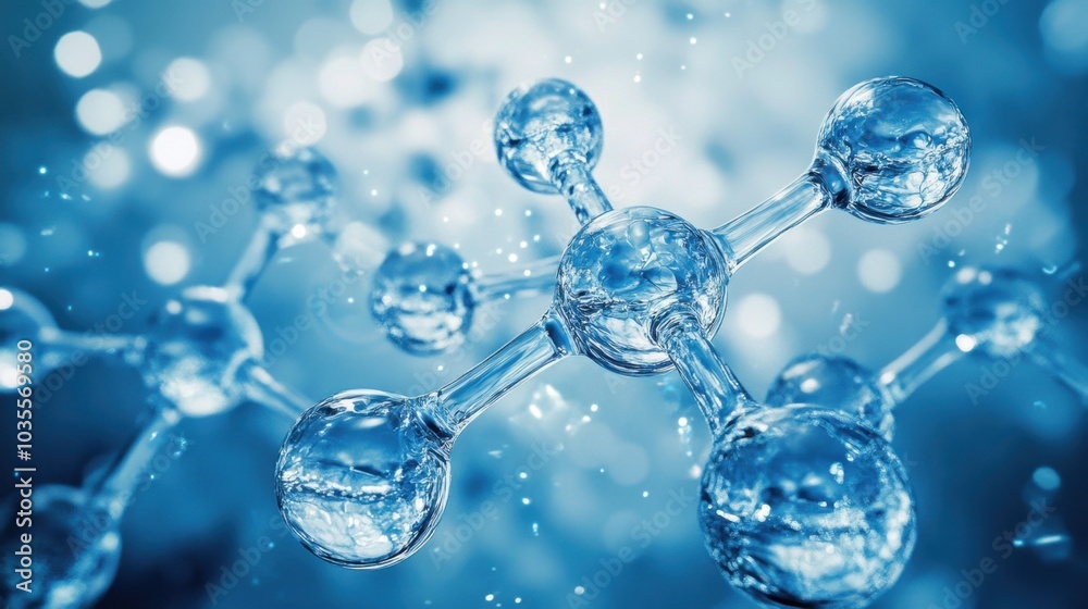 custom made wallpaper toronto digitalArtistic representation of blue 3D water molecules in close-up, illustrating their scientific properties and arrangement. Ideal for use in research, education, or visual media related to chemistry.