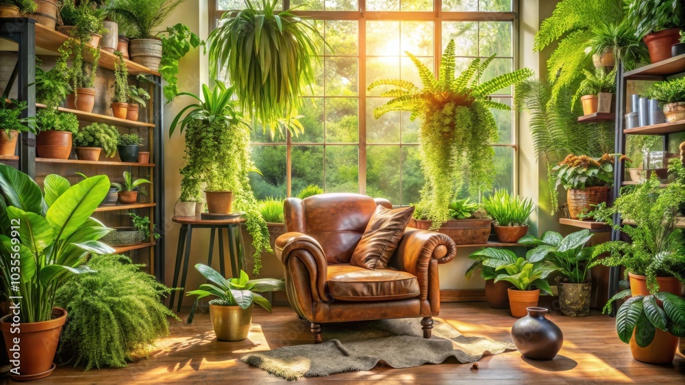 Fototapeta premium A sun-drenched living room with a leather armchair surrounded by lush greenery and a window overlooking a verdant forest.