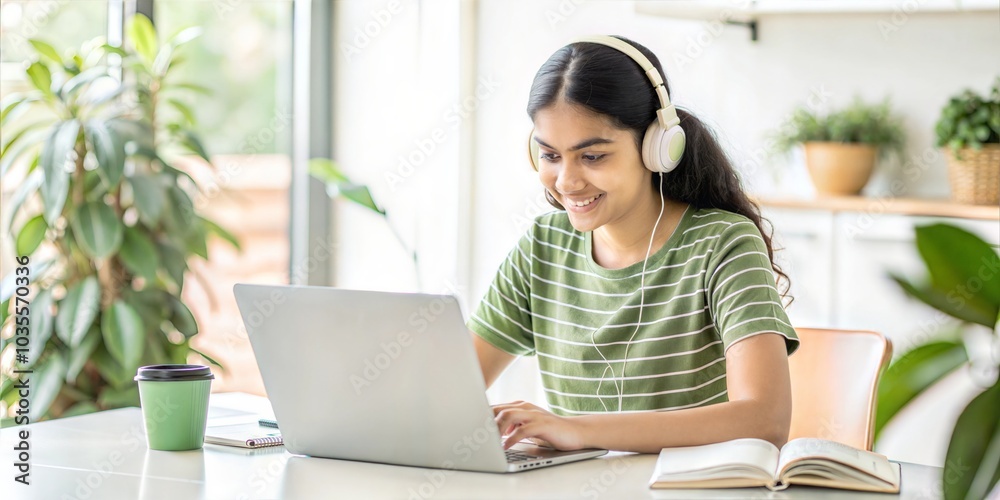 india  university  student using laptop elearning or remote working at home office using laptop pc computer for webinar, learning online training digital education sitting at table, writing notes