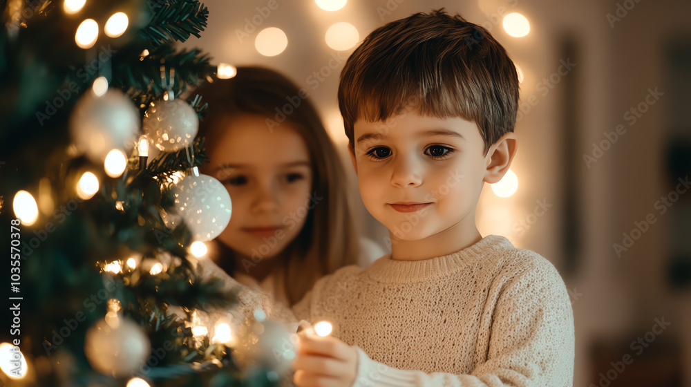 Two children joyfully decorating a Christmas tree with lights and ornaments, creating a warm and festive atmosphere during the holiday season. Two children joyfully decorating a Christmas tree with lights and ornaments, creating a warm and festive atmosphere during the holiday season.