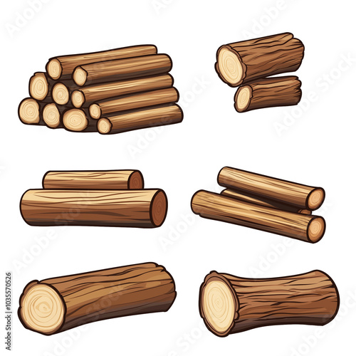 Set of game assets brown logs and firewood, wood texture in flat cartoon style on transparent background