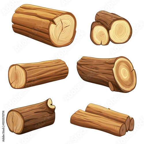 Set of game assets brown logs and firewood, wood texture in flat cartoon style on transparent background