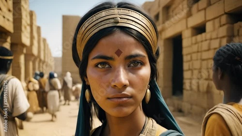 A woman from ancient era standing in a street