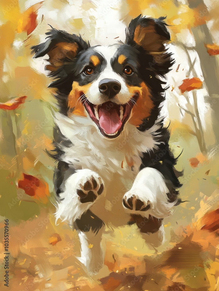 Happy dog running through autumn leaves, showcasing vibrant colors and joyful energy in a natural setting. Happy dog running through autumn leaves, showcasing vibrant colors and joyful energy in a natural setting.