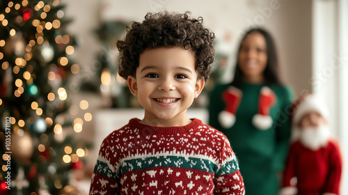 A smiling child in a festive sweater, celebrating Christmas with a decorated tree and family in the background, creating a joyful holiday atmosphere. photo