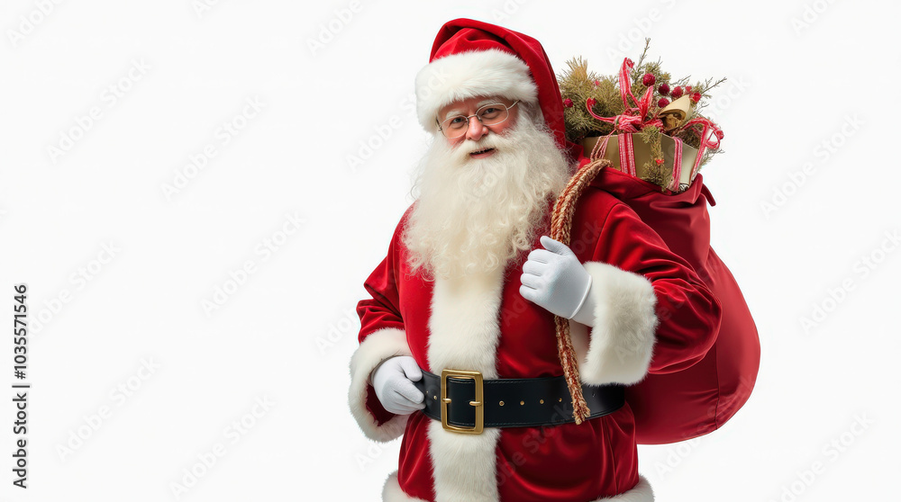 Festive Santa Claus Holding Gift Bag Image - Isolated on White, Christmas Celebrations, Holiday Season Cheer Festive Santa Claus Holding Gift Bag Image - Isolated on White, Christmas Celebrations, Holiday Season Cheer