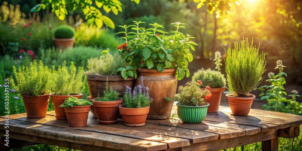 Fototapeta premium A rustic wooden table adorned with potted plants basking in the warm glow of the setting sun.