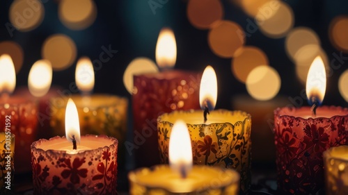 A close-up shot of several burning candles in a dimly lit room. The candles are decorated with floral patterns, and the flames are casting a warm glow on the surrounding area. 