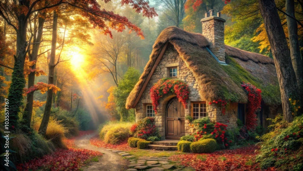 Fototapeta premium A charming stone cottage with a thatched roof nestled amidst a vibrant autumn forest, bathed in the warm glow of the setting sun.