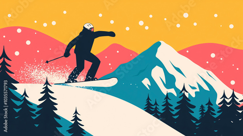 Colorful illustration of a skier speeding down a mountain, set against a vibrant and artistic winter scene.