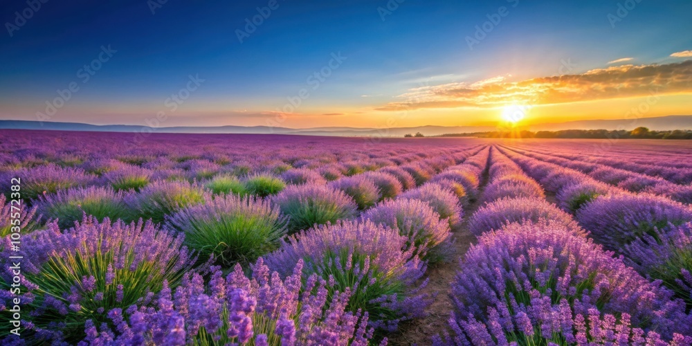 Obraz premium A breathtaking sunrise over a vast field of lavender, showcasing rows of purple blooms bathed in golden sunlight.