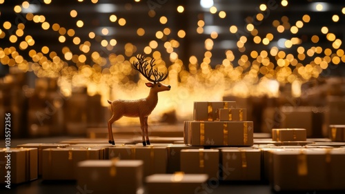 Decorative reindeer figurine surrounded by festive golden packages and glowing fairy lights. photo