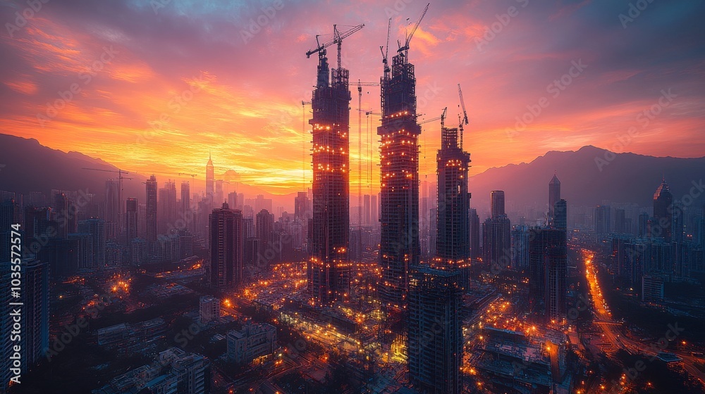 Fototapeta premium modern skyscraper under construction, large cranes in motion, steel beams and scaffolding 