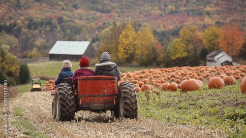 Family enjoying a hayride through a rural farm in the heart of autumn wrapped in blankets and warm jackets as the tractor pulls them through fields of pumpkins and the colors of the season photo