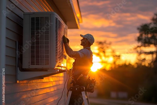 Air conditioner repairman is standing on a ladder, fixing an outdoor AC unit on a residential house. photo