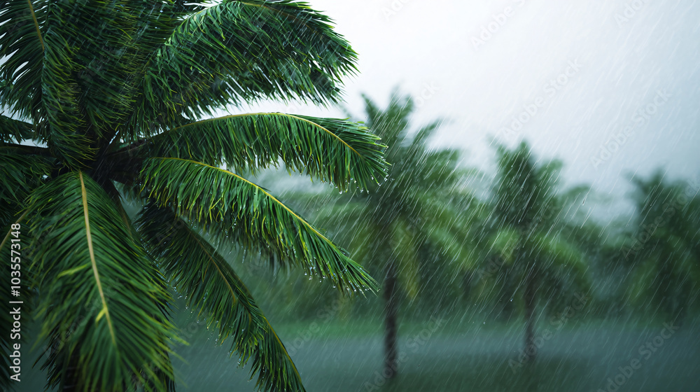 Fototapeta premium Palm tree is drenched by heavy rain during a tropical storm, surrounded by lush greenery in a stormy environment.