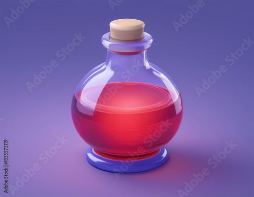 A glass bottle with a cork stopper filled with pink liquid, 3D illustration