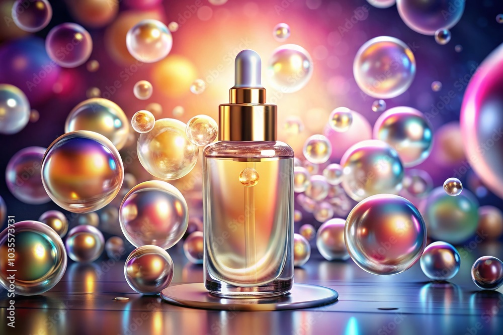 3D Cosmetic Serum Bubbles for Moisturizing and Collagen Infusion in a Soft Blurry Background 3D Cosmetic Serum Bubbles for Moisturizing and Collagen Infusion in a Soft Blurry Background