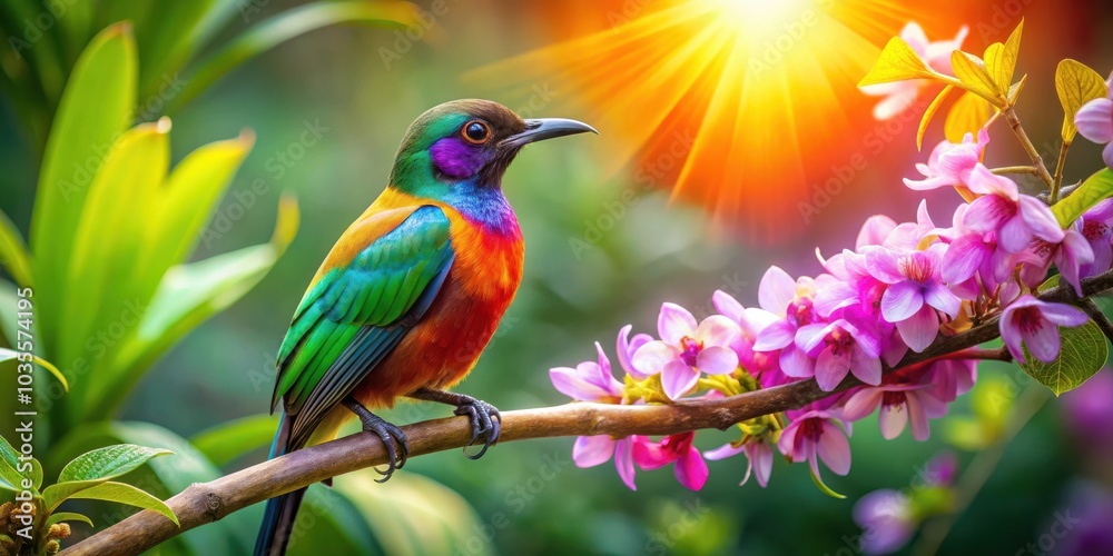 Fototapeta premium A Vibrant Tropical Bird Perched on a Branch Adorned with Delicate Pink Blossoms, Bathed in the Warm Glow of the Setting Sun