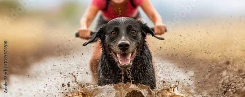 Joyful adventure a dog and its owner splashing through muddy waters in an exciting outdoor activity