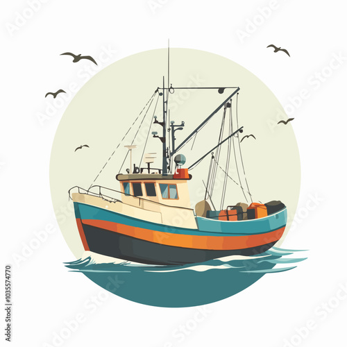 Illustration of a fishing boat. Fishing. Fishing vessel.