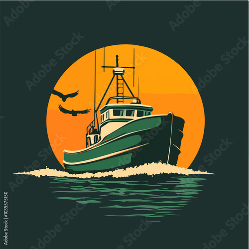 Illustration of a fishing boat. Fishing. Fishing vessel.