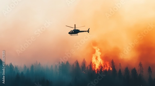 Helicopter flying low over a forest fire, smoke billowing from below 