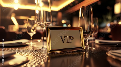 A stylish VIP table setting in an upscale restaurant with elegant glassware and atmospheric lighting.