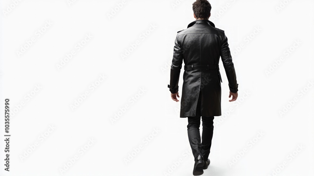 Mysterious figure in a black trench coat, confidently walking away, exuding an aura of elegance and intrigue, set against a transparent backdrop for dramatic effect Mysterious figure in a black trench coat, confidently walking away, exuding an aura of elegance and intrigue, set against a transparent backdrop for dramatic effect