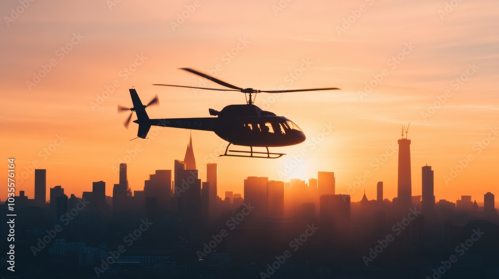 Fototapeta premium Helicopter flying over a city skyline at dawn, early morning light reflecting on the buildings