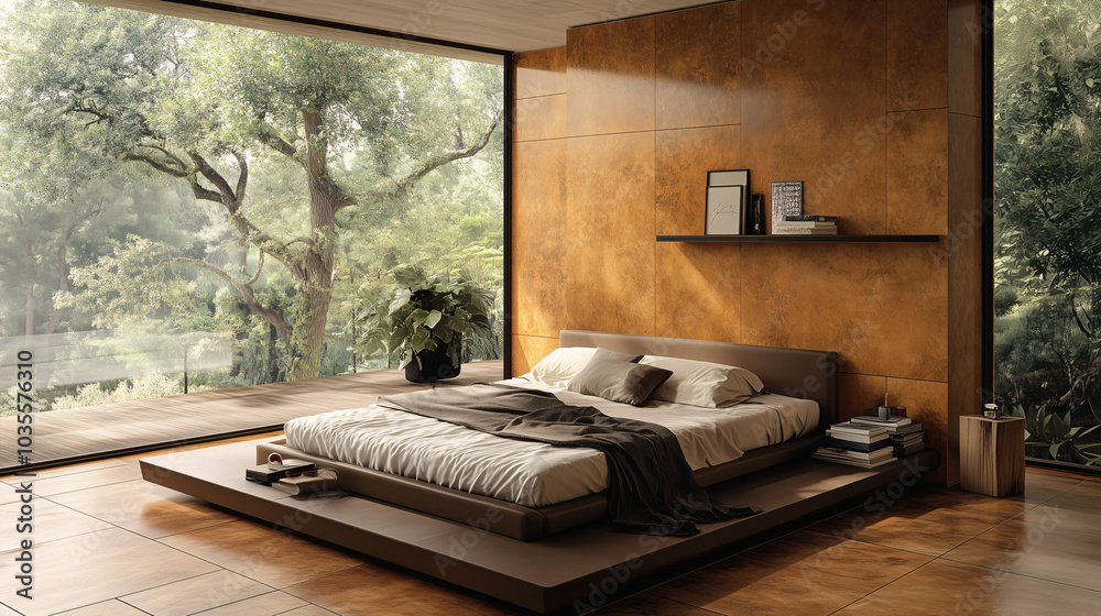 Modern bedroom with a minimalist platform bed, clay-toned walls, and a single plant for decor Modern bedroom with a minimalist platform bed, clay-toned walls, and a single plant for decor