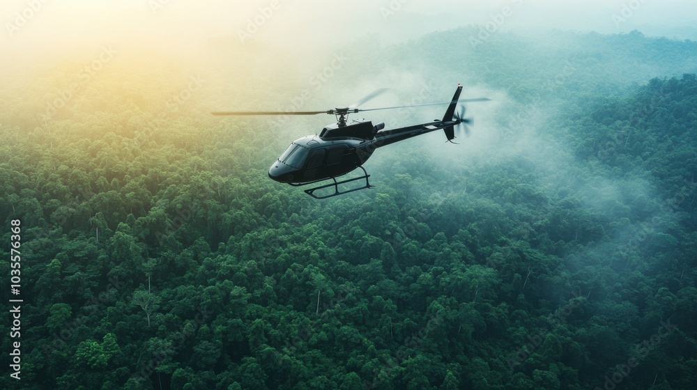Naklejka premium Helicopter flying above a dense rainforest, sunlight filtering through the trees