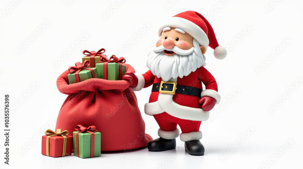 Festive Santa Claus Holding Gift Bag Image - Isolated on White, Christmas Celebrations, Holiday Season Cheer Festive Santa Claus Holding Gift Bag Image - Isolated on White, Christmas Celebrations, Holiday Season Cheer