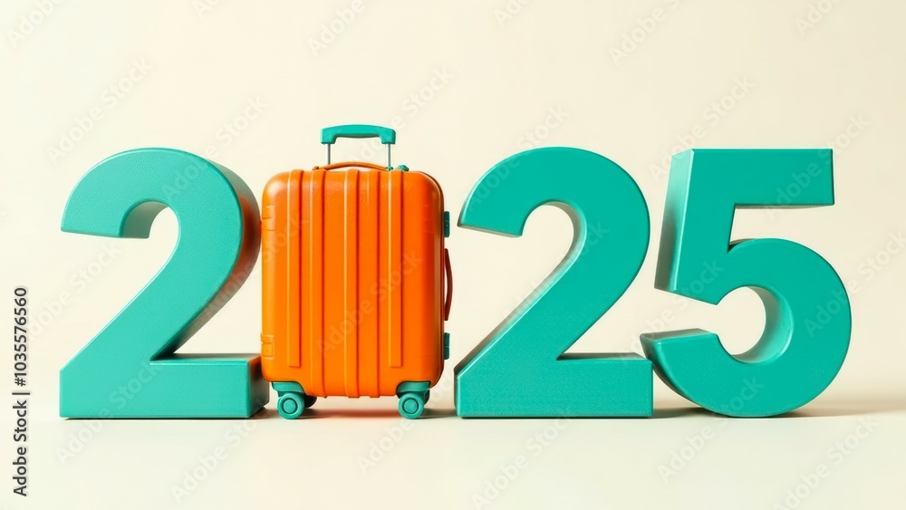 Obraz premium large bold teal number 2025 with orange suitcase instead of number 0 against light background. advertising travel discounts or sales, new year 2025, luggage company or travel agency, tourism concept.