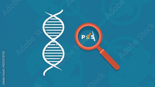 A magnifying glass focuses on a segment of a DNA strand, representing scientific exploration and genetic research. photo