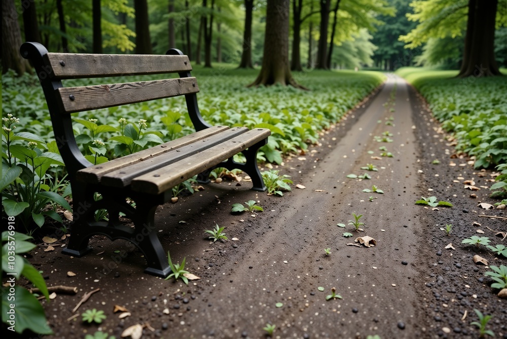 A rustic wooden bench is positioned beside a dirt road in the forested area A rustic wooden bench is positioned beside a dirt road in the forested area